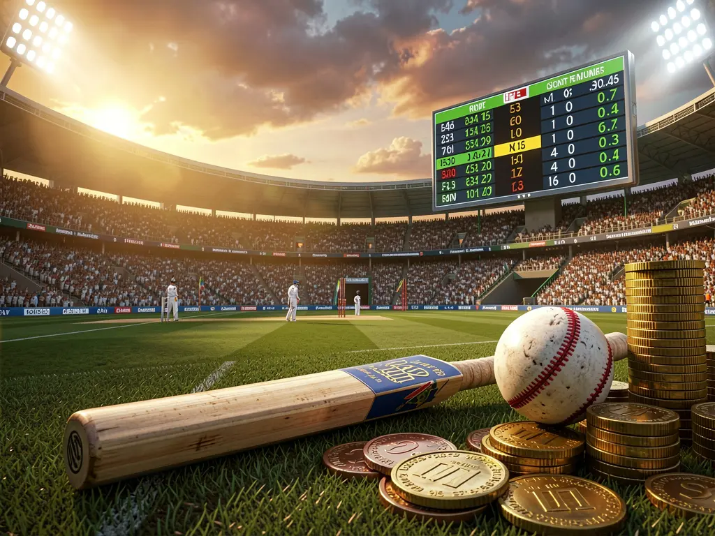Premium cricket betting scene at a crowded cricket stadium with bat and ball in the foreground, digital odds graphics and coins illuminated by dramatic lighting, showcasing 889OK's high detail 3D render