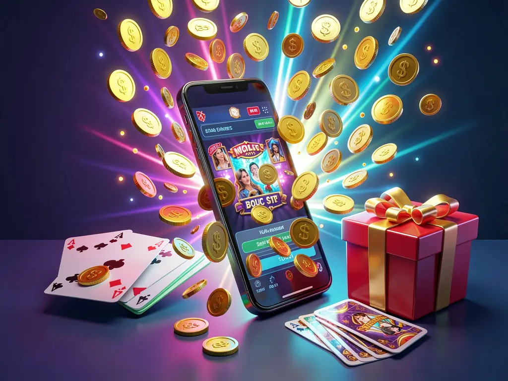 889OK mobile casino bonus banner featuring a smartphone with coins bursting from the screen, a gift box and playing cards nearby, all illuminated by a bright neon glow in a premium realistic 3D render