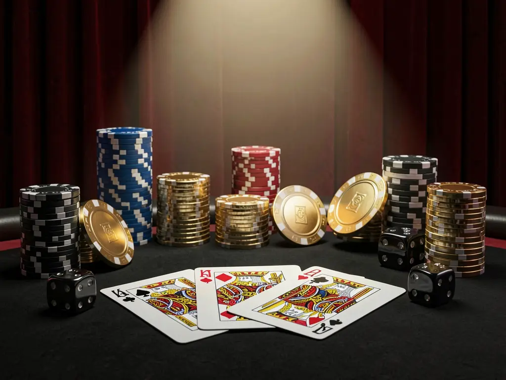 Realistic 3D render of a casino table featuring a royal flush in poker cards, colorful poker chips, golden coins, and dice on a luxury black and red background with dramatic spotlight, showcasing the 889OK brand atmosphere