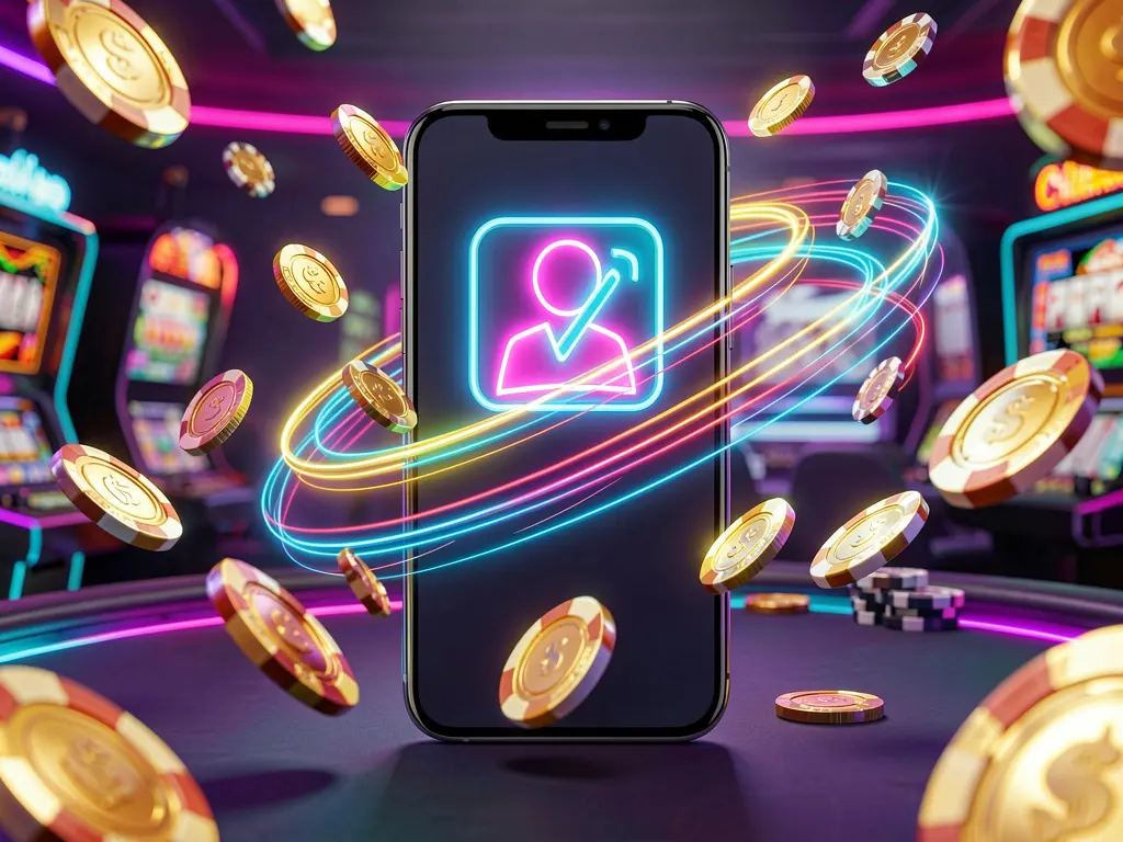 889OK fast casino login banner featuring a smartphone with a bright user icon, speed light trails, and golden coins and chips flying around in a modern neon casino style
